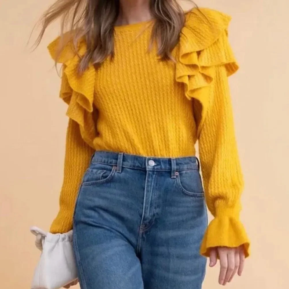 Rachel Parcell Ruffle Shoulder Pointelle Sweater Yellow